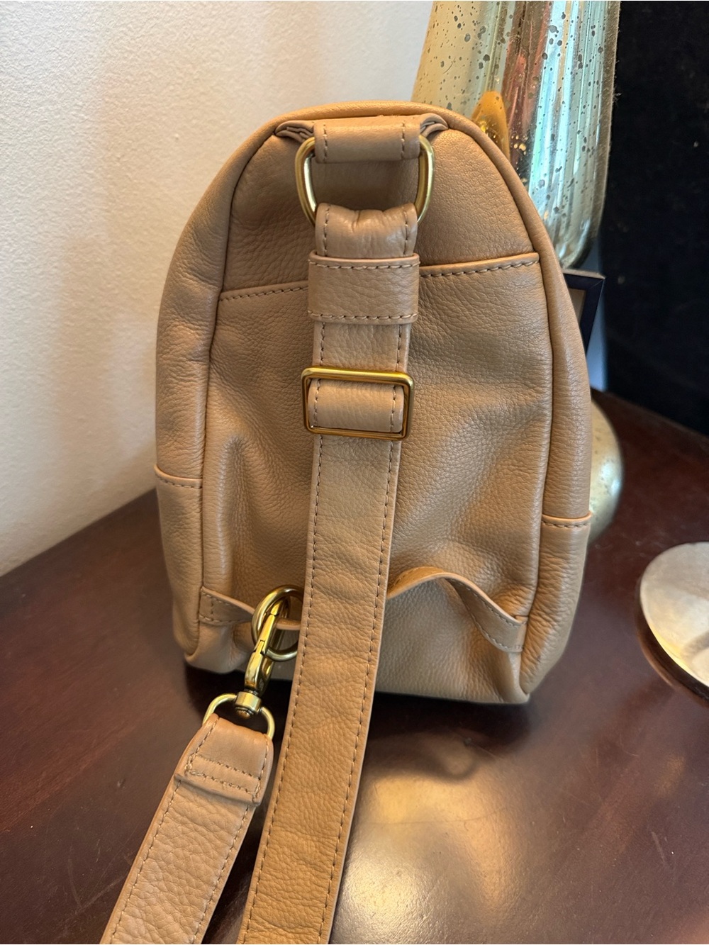 HOBO Beige Leather Mini Sling Backpack with Gold Hardware - Picture 2 of 6